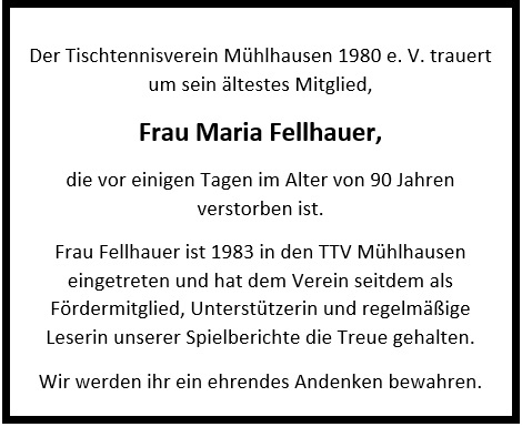 Trauer um Maria Fellhauer