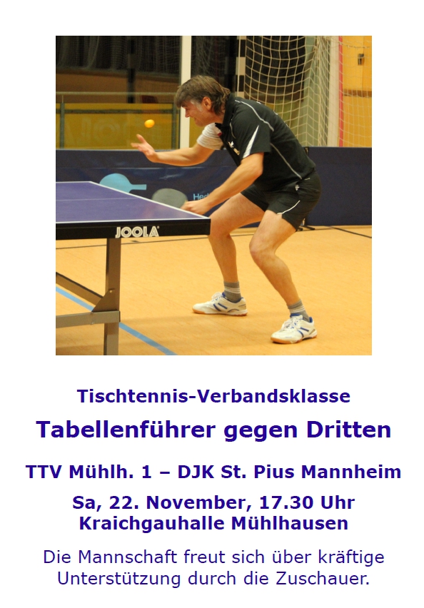 TTV Mhlhausen 1 - DJK St. Pius Mannheim am Samstag, 22.11.2014, 17.30 Uhr