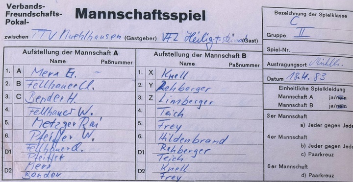 alter Spielberichtsbogen mit 6er-Teams